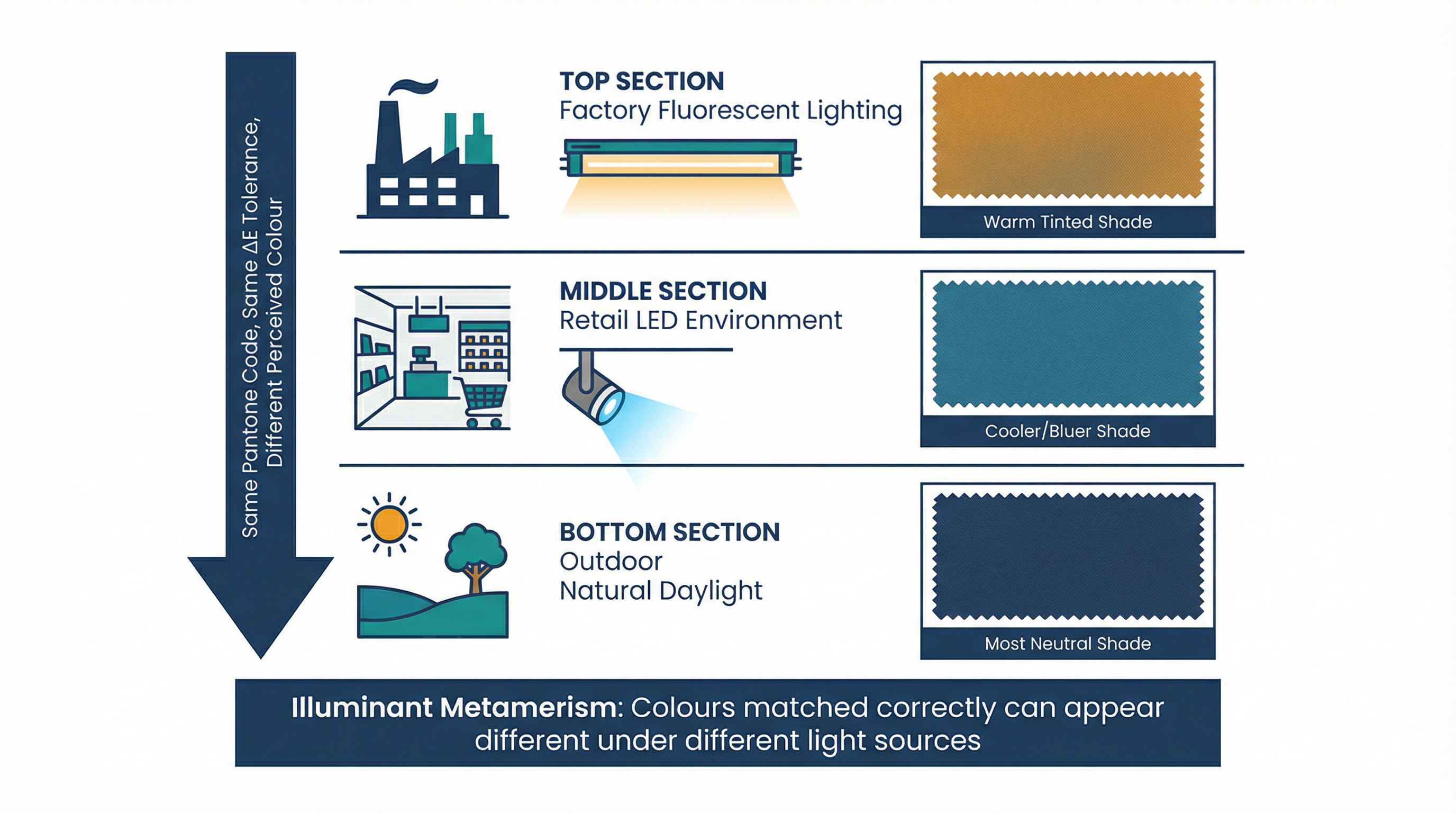Diagram showing how the same Pantone colour appears differently across factory lighting, retail environment, and outdoor conditions