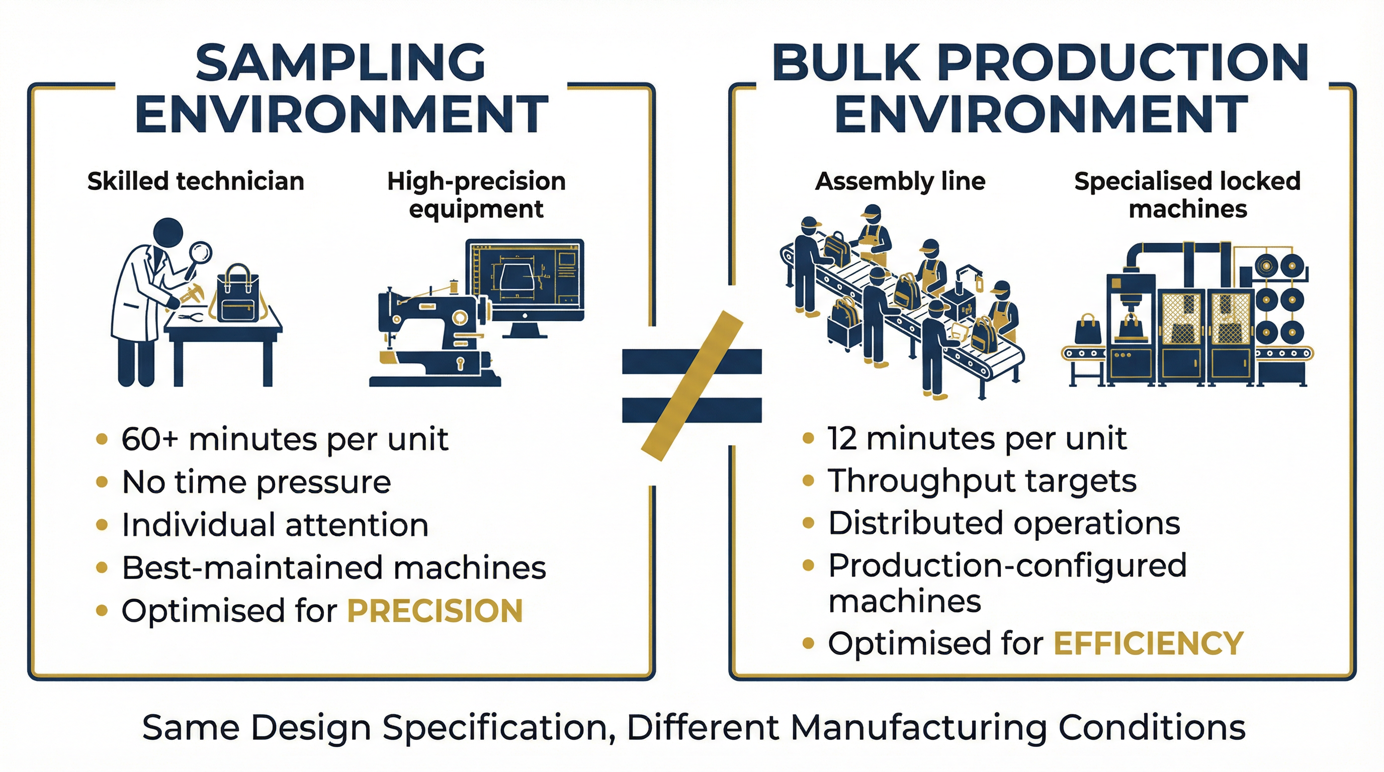 Diagram showing how pre-production samples are made in isolated conditions versus bulk production environment