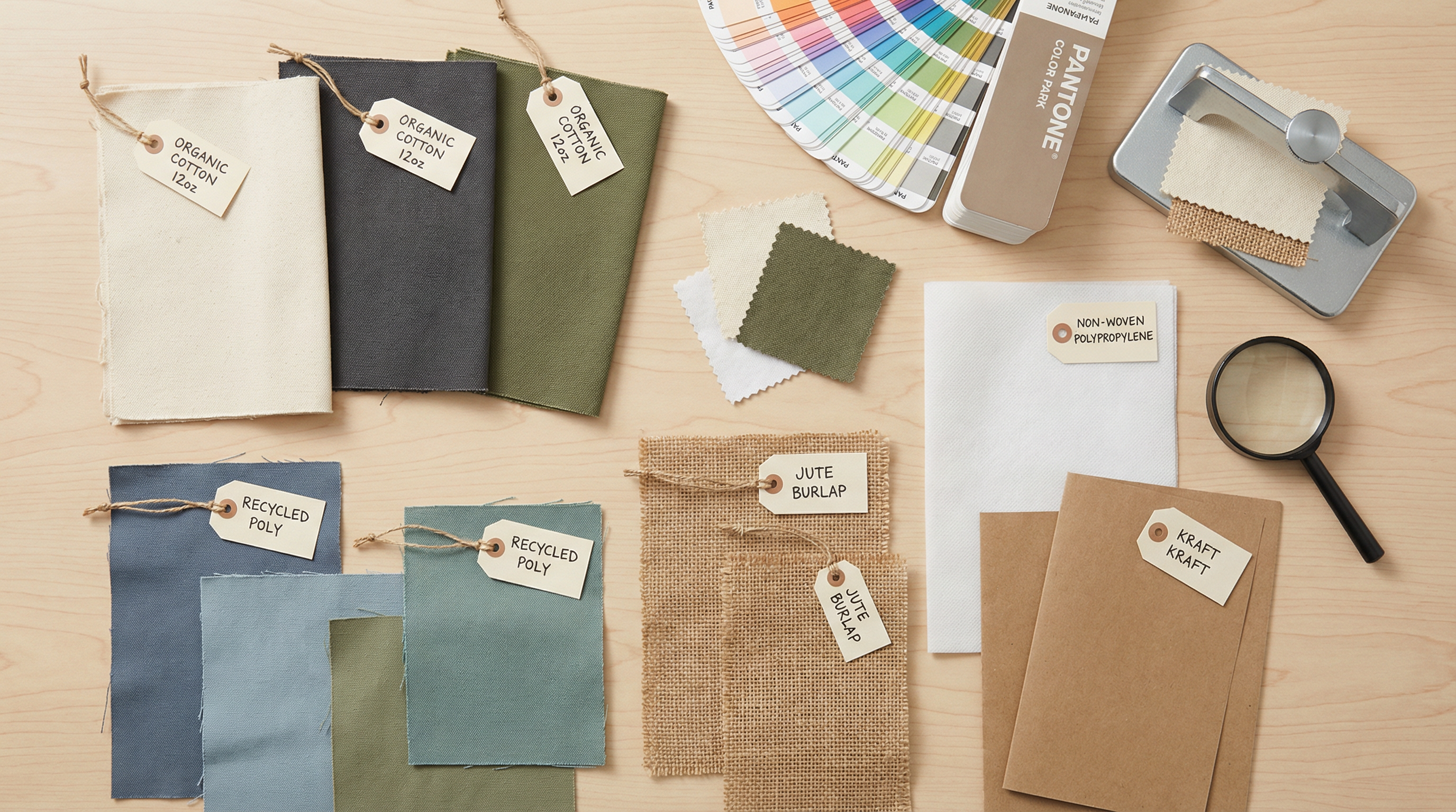 Flat lay of bag material samples on wooden desk: organic cotton swatches, recycled polyester fabric, jute burlap, non-woven polypropylene, and kraft paper with Pantone colour fan and measuring tools