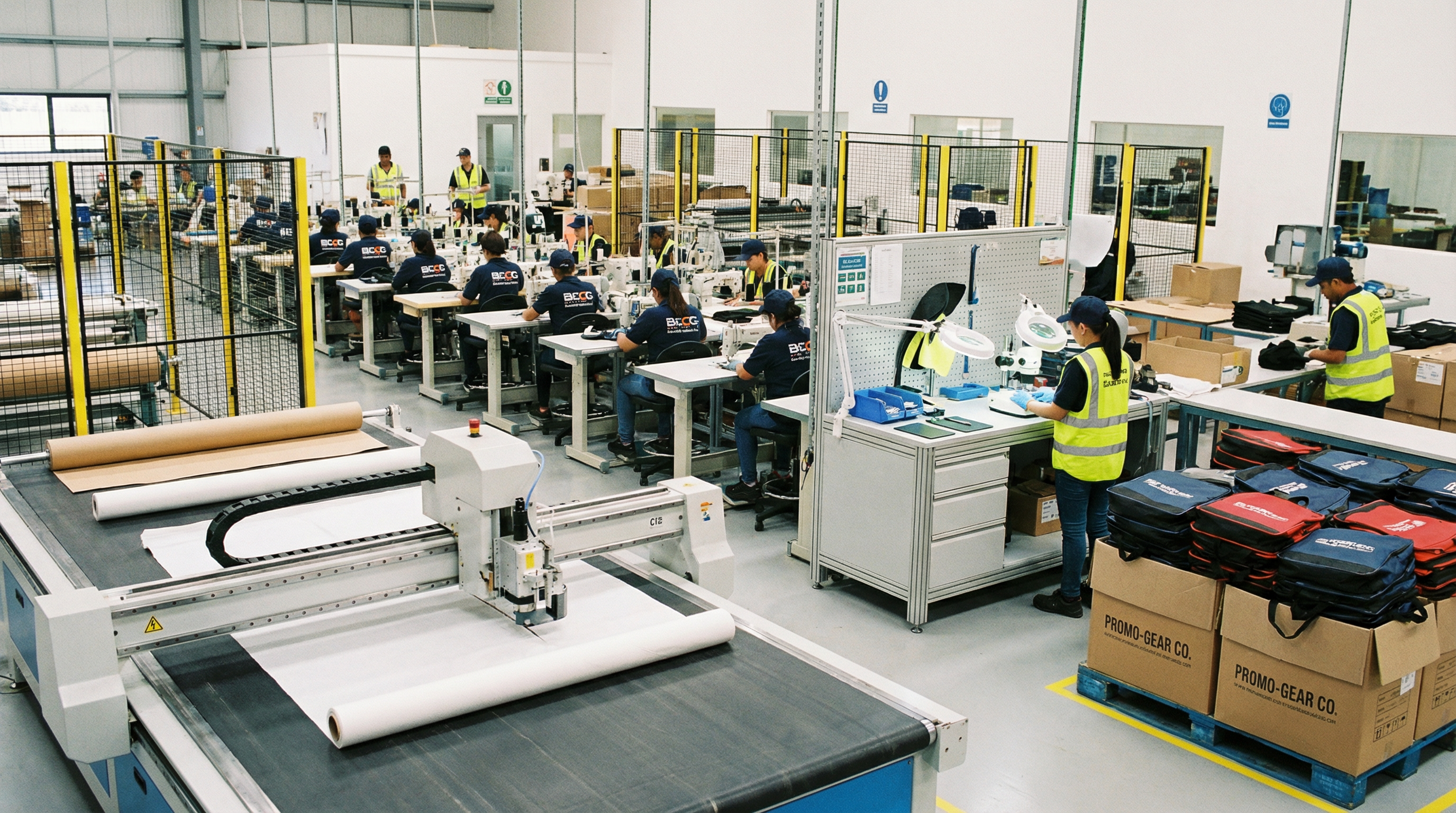 Bag manufacturing facility showing production workflow: automated fabric cutting, sewing stations, quality inspection area, and packaging zone with finished branded bags